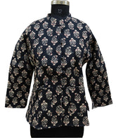 Quilted Reversible Hand Block Printed Boho Jacket – Indian Vintage Handmade Full Sleeve Coat, Black Floral